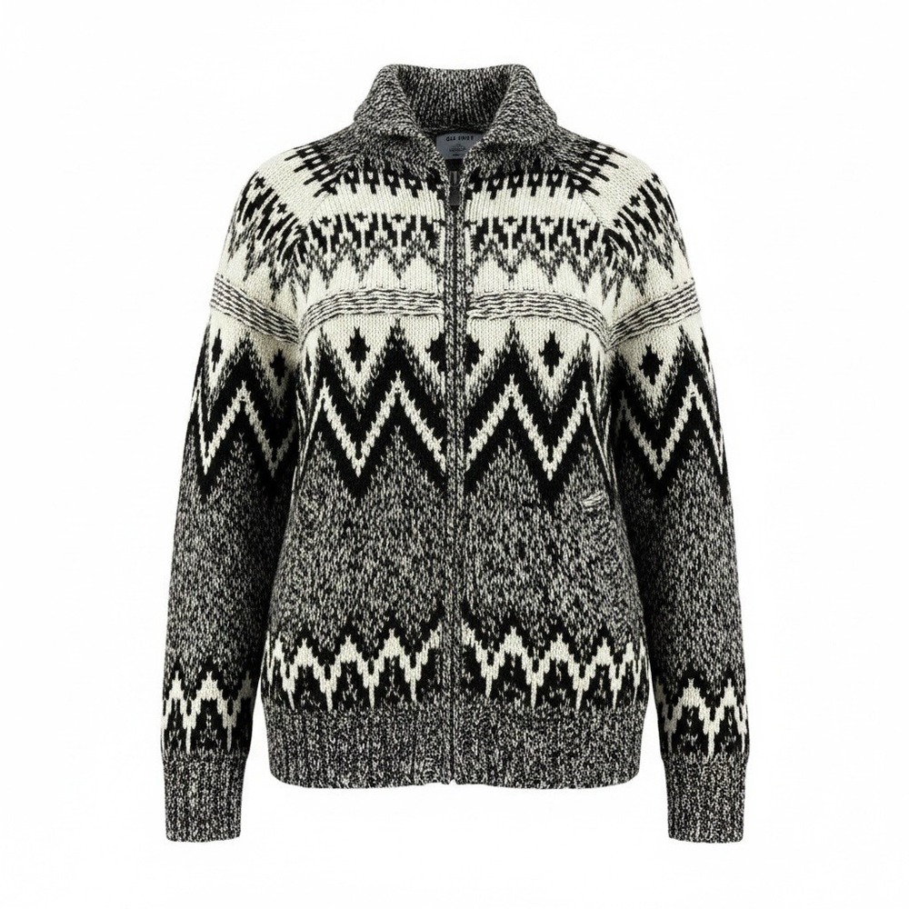 Old Navy Full Zip Cardigan M Blk White Fair Isle Layering Nordic Gorpcore Cabin
